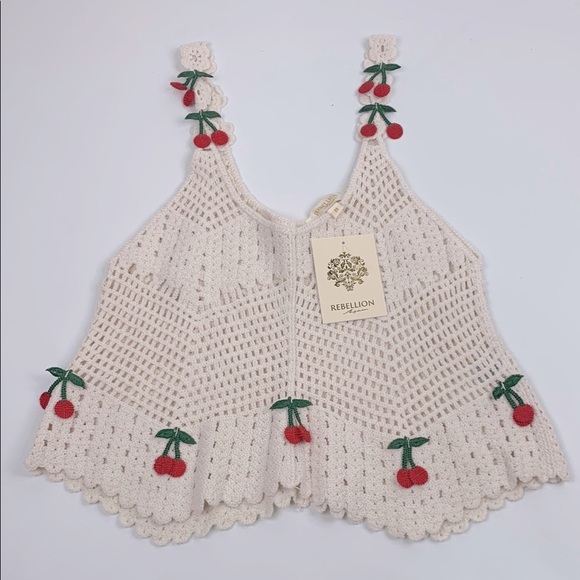 Rebellion Tops - Rebellion Crochet knit Cherry design Tank Top Creme Red green Size Medium NWT